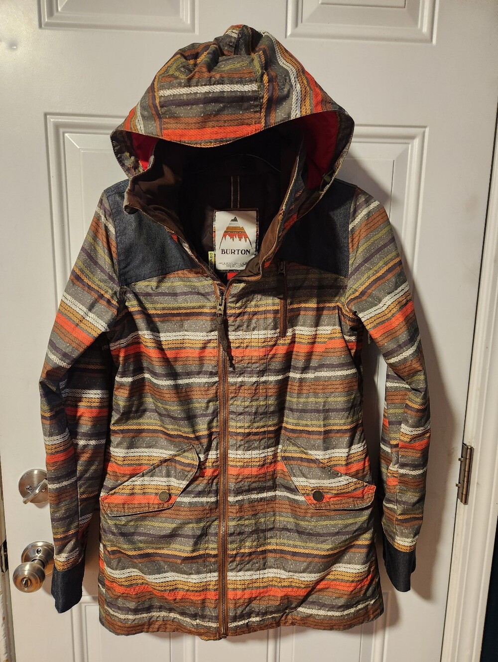 Burton Women's Hooded Striped Ski Jacket in Orange, Brown, Green & Gray Size S